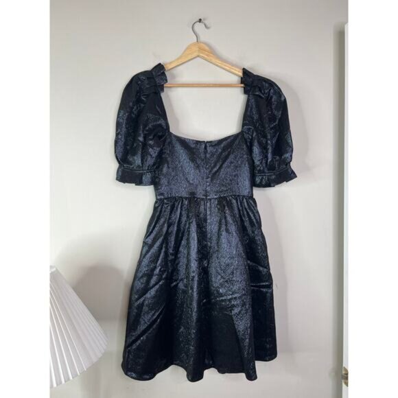 NWT Saloni Rachel-D Metallic Crinkled Puffed Sleeve Mini Dress Midnight Blue - Picture 6 of 7
